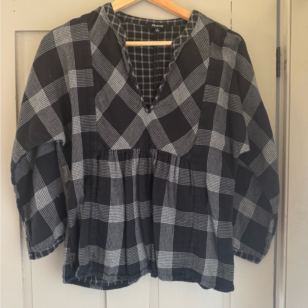 Madewell 3/4 Sleeve V-Neck Black and White Plaid Flannel Shirt
